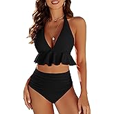 Edelqual Women High Waisted Bikini Sets Two Piece Swimsuit Ruffle Tummy Control Bathing Swim Suit Halter V Neck Swimwear
