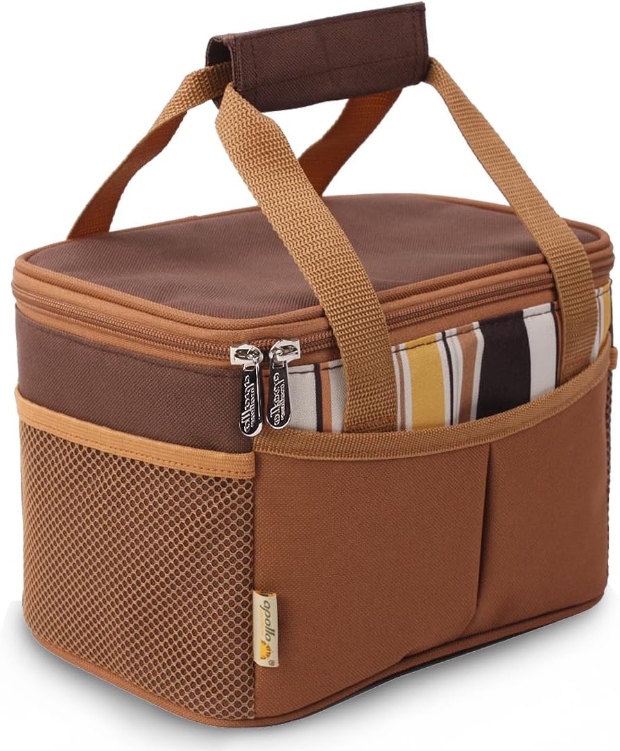 Insulated Lunch Bag Reusable Splashing Resistant Oxford Fabric Lunch Box Cooler Tote Bag with Handle Straps & Side Mesh Pockets (Coffee)