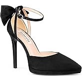 Zzheels Women's Pointed Toe Platform Stiletto Heels Bow Dress Heels Ankle Strap Pumps Black Suede US9