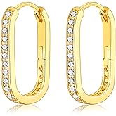 CERSLIMO Silver Hoop Earrings for Women, White Gold Plated Sterling Silver Post Cubic Zirconia Huggie Earrings | U-shaped Hypoallergenic Rectangle Chunky Earrings for Gifts