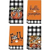 Artoid Mode Buffalo Plaid Truck Hello Pumpkin Fall Kitchen Towels Dish Towels, 18x26 Inch Farmhouse Thanksgiving Decoration Hand Towels Set of 4