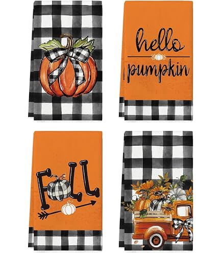 Fall Pumpkin Wood Signs With Buffalo Plaid Ribbon – 4-Piece Set, Harvest Thanksgiving Home Decor
