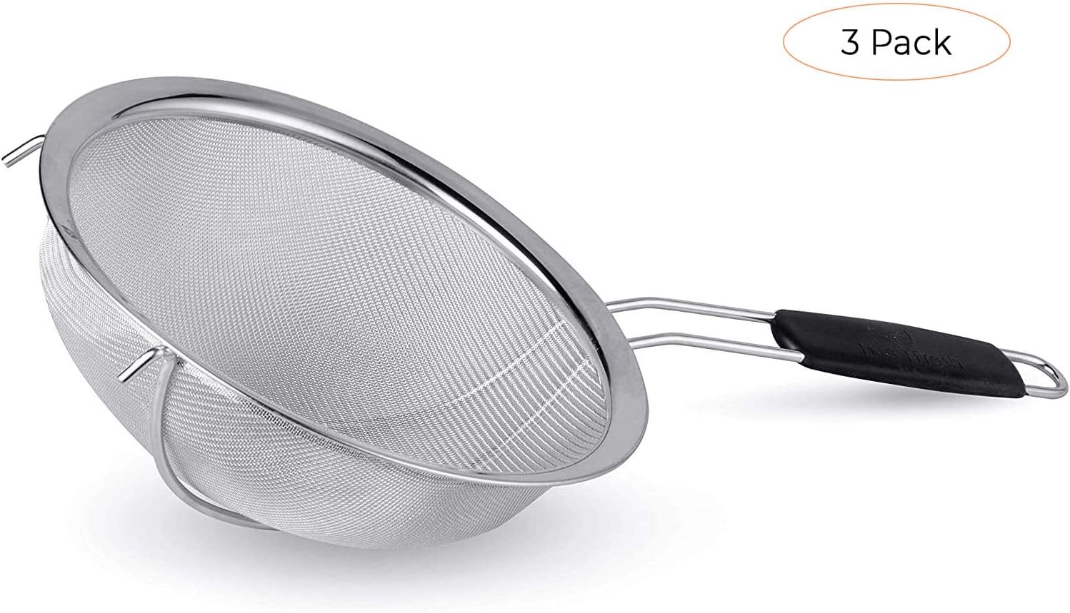 LiveFresh Large Stainless Steel Fine Mesh Strainer with Reinforced Frame and Sturdy Rubber Handle Grip - Designed for Chefs and Commercial Kitchens &for Your Home- 9 Inch / 23 cm Diameter (Thrее Расk)