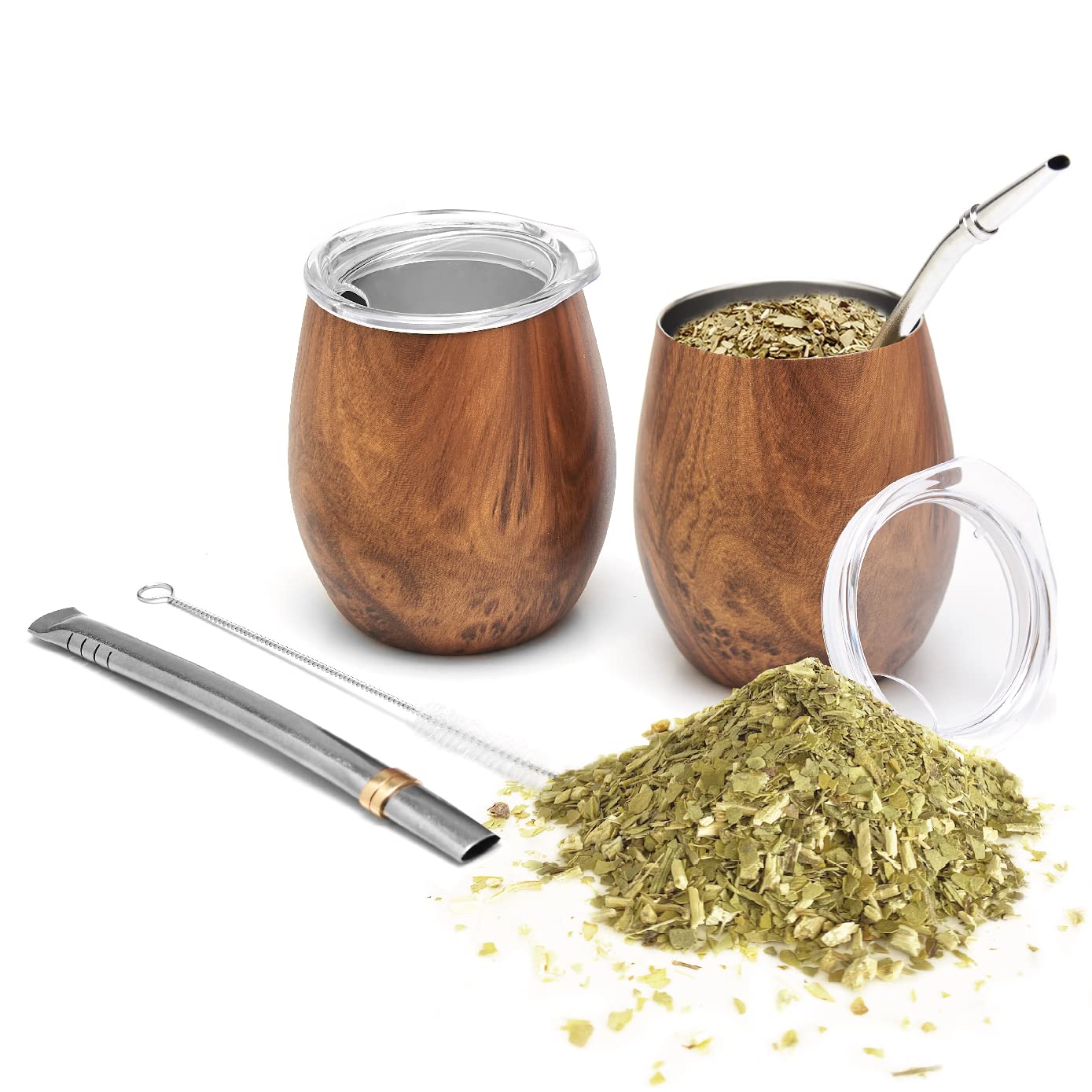 balibetov Modern Mate Cup and Bombilla Set (Yerba Mate Cup) -Yerba Mate Set Includes Double Walled 18/8 Stainless Steel Mate Tea Cup, Two Bombilla Mate (Straw) and a Cleaning Brush (Wood)