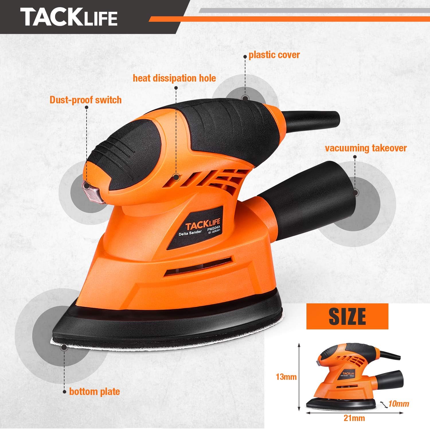 TACKLIFE Mouse Detail Sander, 12000 OPM Electric Sander with 20Pcs Sandpapers, Vacuum Cleaner Connecting Pipe, Applied in Multiple Situations, for Tight Spaces Sanding in Home Decoration, DIY PMS04A - - 