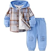 DOMOABEI Toddler Baby Boys Clothes 2Pcs Fall Winter Outfits Sweatsuit Button Plaid Shirt Hoodie Ripped Pants 12M-5T