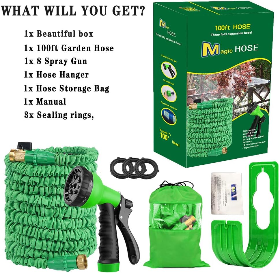 Liwiner Expandable Garden Hose Pipe - Lightweight, Durable& Felxible -Bonus 8 Function Spray Gun/Hose Hanger/Storage Bag/Brass Fittings, Best Choice for Watering and Washing (100FT-Green) : Garden & Outdoor