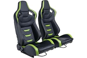 WTRAVEL Racing 2 Pcs Reclinable Bucket Seats with 2 Sliders Adjustable PU Leather Universal Sport Seats for Cars (Black Green, 36.6"21.2"21.6")