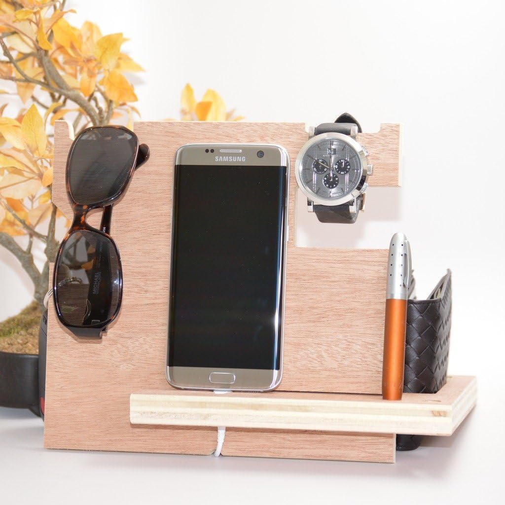 Wooden Phone Docking Station with Key Holder, Pen Holder, Wallet and Watch Organizer (Walnut Color)