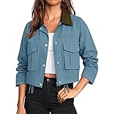 COCCKO Womens Cropped Jacket Zip Up Lightweight Bomber Button Drawstring Oversized Utility Casual Coats With Pockets