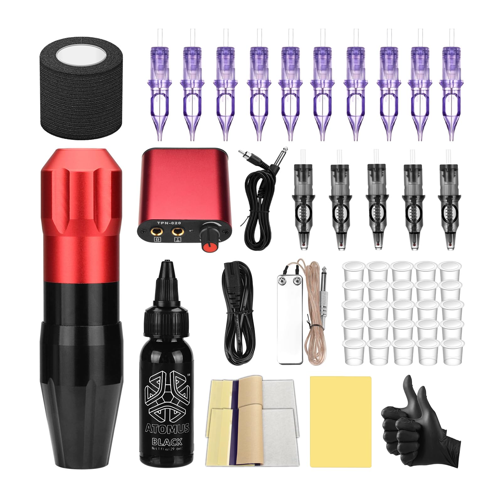 ATOMUS Red Tattoo Pen Kit Cartridge Rotary Complete Professional Tattoo Machine for Beginners(AT03)