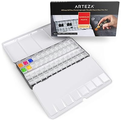 Arteza Empty Watercolor Palette Tin, 48-Piece Half Pans, Use as a Travel Watercolor Set with Watercolor Paints