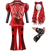 D.O.T Girls Rise Red Costume Includes Red Heart Jacket Shirt Flared Pants Wig Gloves 5pcs Halloween Princess Dress up 3-14Y