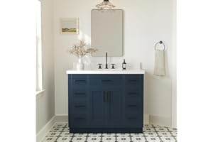 ARIEL Hepburn 43 Inch Single Sink Bathroom Vanity in Midnight Blue, 1.5" Edge Quartz Top, Solid Wood, Rectangular Sink, 2 Soft Closing Doors, 9 Full Extension Dovetail Drawers, Toe Kick