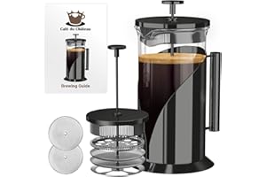 French Press Coffee Maker 34oz – Stainless Steel & Glass Coffee Press with 4-Level Filtration, BPA-Free Cafetiere for Camping
