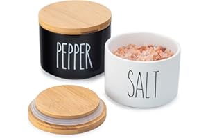 Heartland Home Ceramic Salt and Pepper Bowls. Dual Holder Salt Cellar with Lid. Black and White Stackable Salt Container Set. Pepper Bowl, 2 Airtight Wooden Lids. 9oz Salt Box Pinch Dish