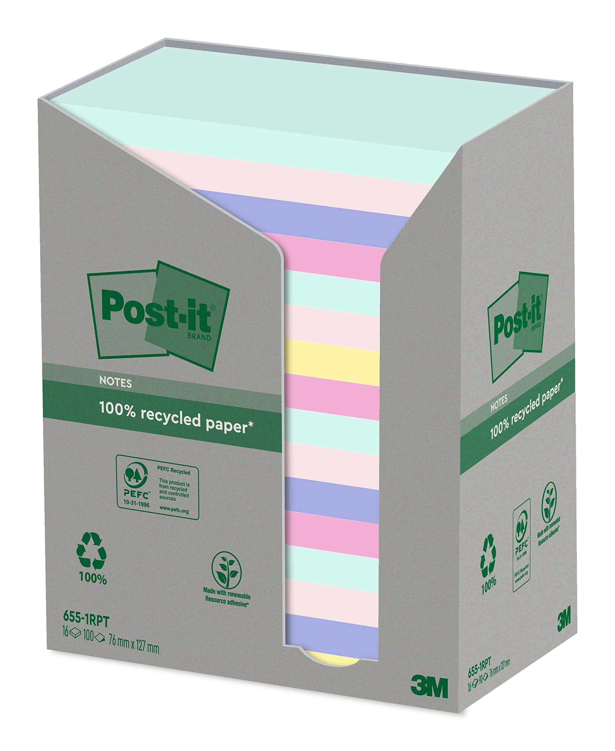 Post-it Recycling Notes Assorted Colours, Pack of 16 Pads, 100 Sheets per Pad, 76 mm x 127 mm, Green, Pink, Blue, Yellow - Self-Stick Notes Made from 100% Recycled Paper