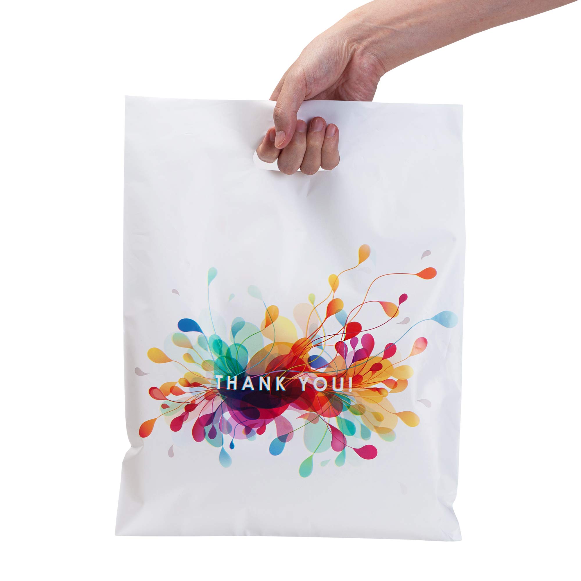 SHOPPIBAG Thank You Bags for Business with Handles 12x15 (100 Count, White) - Plastic Shopping Retail Gift Bags