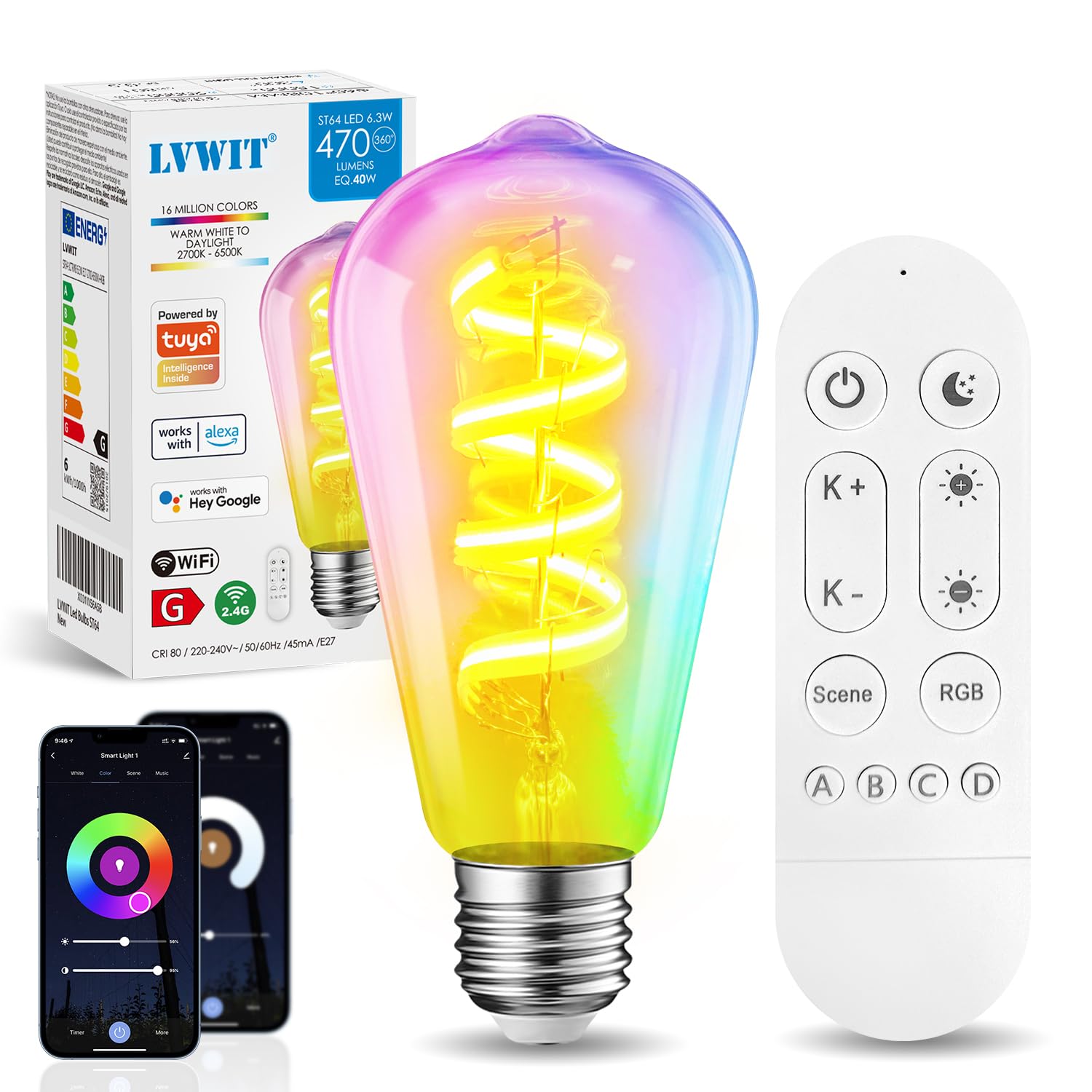 LVWIT E27 Smart Filament Bulb,Alexa Dimmable LED Color Changing Light Bulb,ST64 E27 WiFi RGB Smart Bulb,Compatible with Alexa,Echo and Google Assistant Including Remote Control (6.3W,470LM)