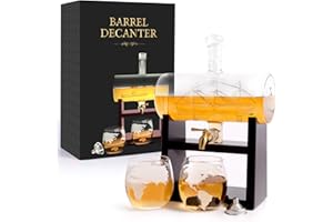 flybold Whiskey Decanter Set - Glass Set Antique Barrel Ship Decanter Handblown Gifts for men Includes Stand 1160ml Dispenser 2 Whiskey Globe Glasses for Scotch Bourbon Wine Rum Tequila