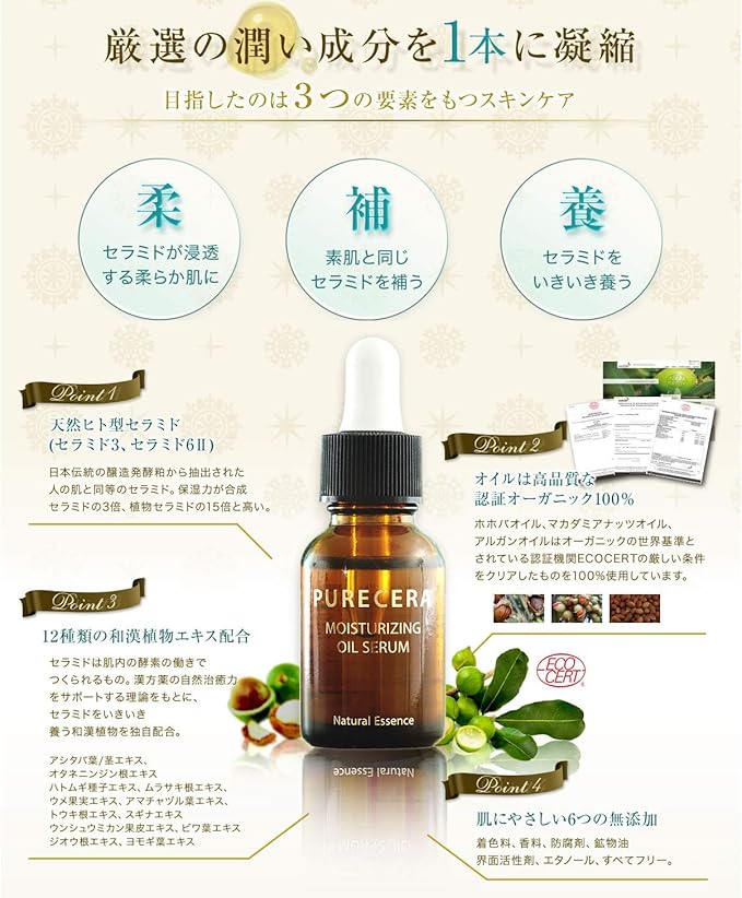 Amazon ピュアセラ ヒト型セラミド配合 美容オイル ホホバオイル アルガンオイル 30代 の乾燥肌に大人気 ブースター美容液オイル 本品18ml ピュアセラ ｐｕｒｅｃｅｒａ フェイスオイル 通販