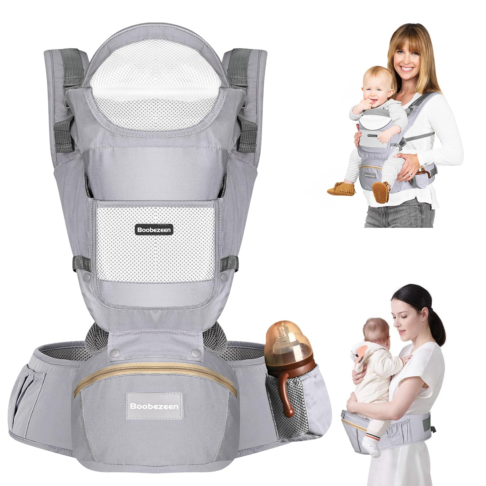 Photo 1 of Boobezeen Baby Carrier with Hip Seat, Ergonomic M Position 6-in-1 Baby Carrier Newborns to Toddlers, Adjustable Baby Holder Carrier, All Seasons(Grey)