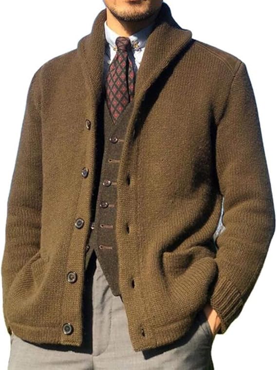 Amazon メンズコットンショールカラーカーディガン メンズスリムフィットニットボタンネックカーディガン セーター リブ付きエッジとポケットケケット付き長袖暖かいコートカーディガンセーター カーディガン 通販