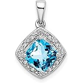 10k White Gold Pendant Necklace for Women with Cushion Cut Blue Topaz, Halo of Sparkling White Stones, Elegant Modern Design, Fine Jewelry for Daily Wear, Minimal Gold Chain Luxury Accessory