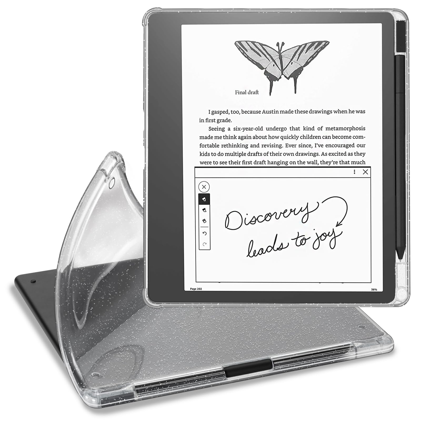 CoBak Clear Case for Kindle Scribe 10.2" (2022/2024 Release), Soft TPU Back Cover with Pen Holder and Pen Tips Holder- Lightweight, Scratch-Proof, Glitter