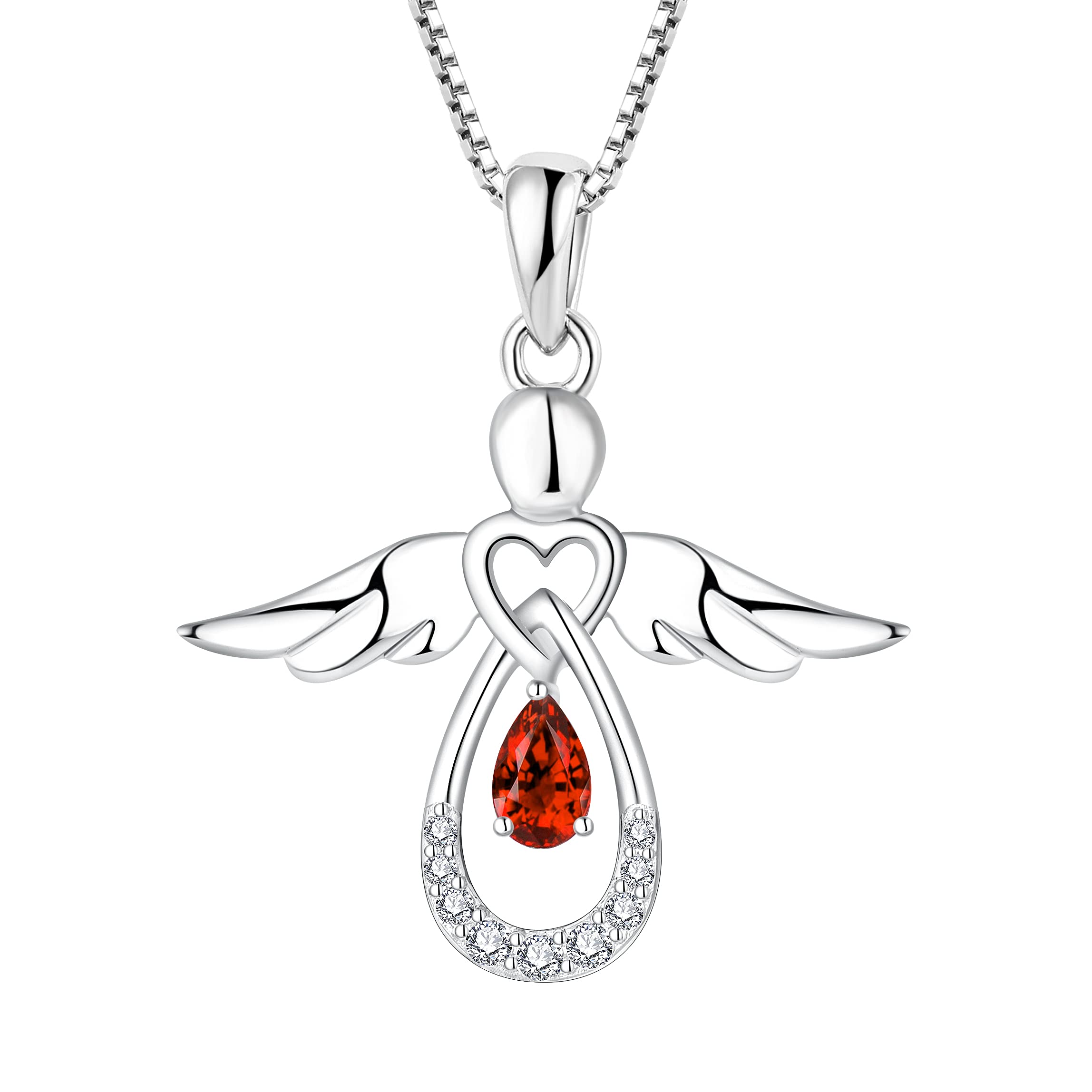 FJ Guardian Angel Necklace 925 Sterling Silver Angel Pendant Garnet Necklace January Birthstone Jewellery for Women