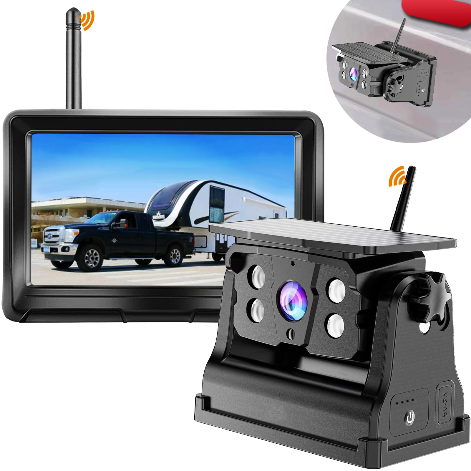 Wireless Backup Camera System - Solar Powered HD 1080P With 7" Monitor - Magnetic Mount For Trucks & RVs