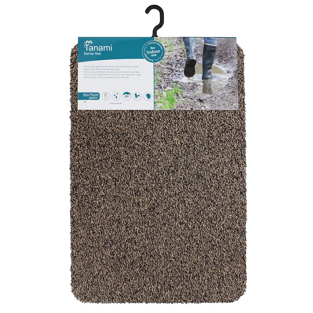JVL Tanami Machine Washable Barrier Door Mat, 80 Percent Cotton/20 Percent Synthetic/Gel Backing, Brown, 50 x 75 x 0.5 cm