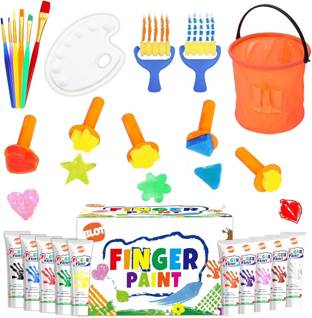 BLOT Kids Paint Kit Washable Finger Paint Set with 10 Colors & 15 Tools