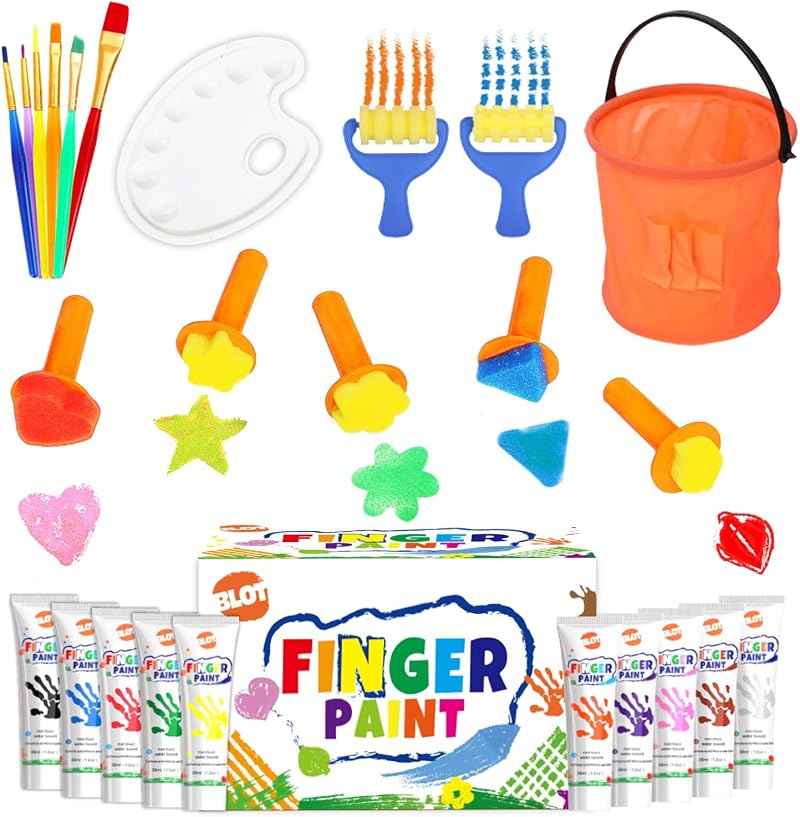 BLOT Kids Paint Kit Washable Finger Paint Set with 10 Colors & 15 Tools