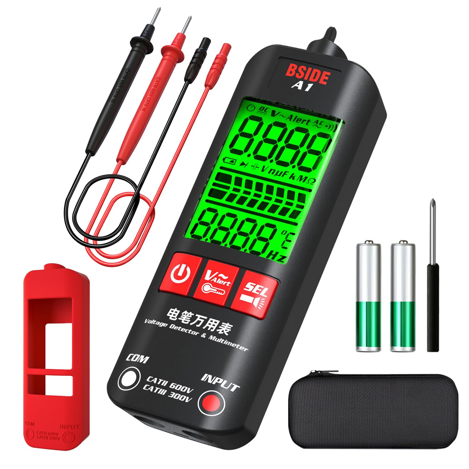 BSIDE A1 Mini Smart Digital Multimeter Simple Voltage Tester 3 Results Display Auto Range Non Contact Voltage Detector Triple Buzzer NCV 6V-1000V Continuity Tester with Case Removable Cover