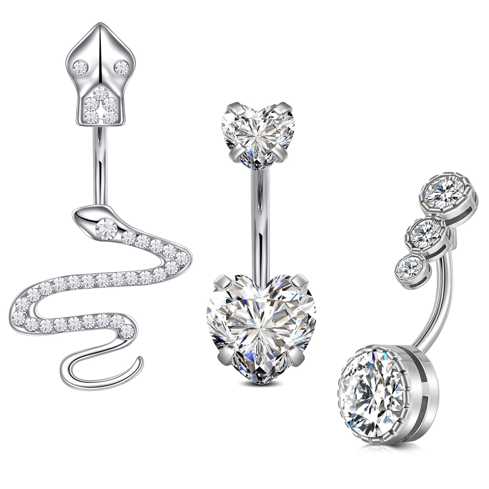 AceFun Silver Belly Bars Dangle Snake 14G 1.6mm Surgical Steel Belly Bars Double Shiny Heart Cubic Zirconia Anti-Allergic Navel Bar Barbells Ring Belly Button Rings Dangle for Women 3 Styles — image 1