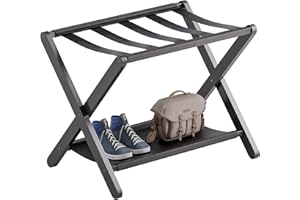 VOVALA Luggage Rack, Folding Suitcase Stand with Storage Shelf, Premium Bamboo Luggage Holder for Guest Room, Bedroom, Hotel,