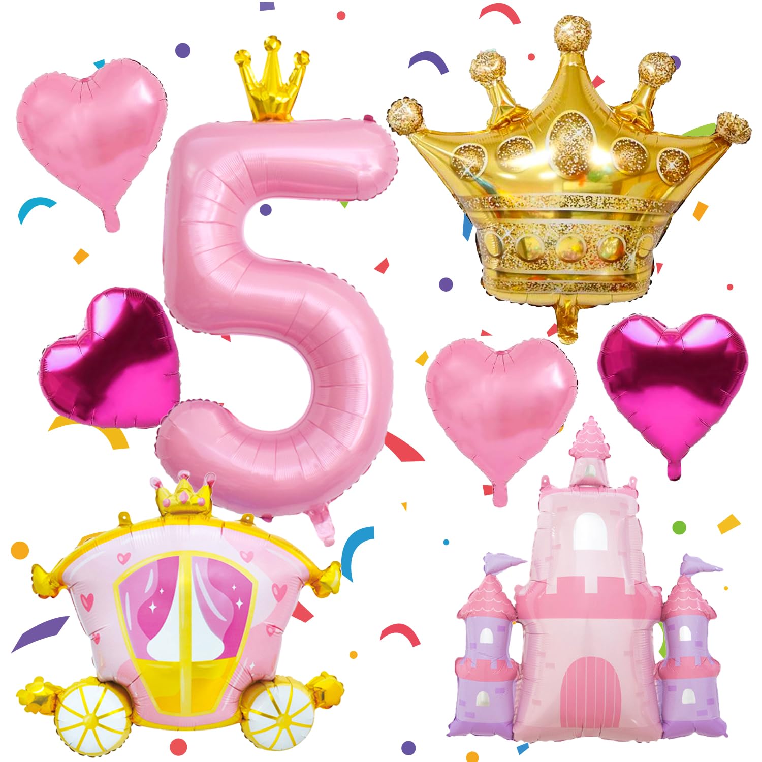 Photo 1 of **PARTIAL SET/ MISSING NUMBER 5 ** Princess Birthday Balloons,Large Pink Crown 5 Balloon,Castle Balloon Gold Crown Foil Balloons Carriage Balloon,5th Girl Princess Party Decorations Supplies Favors(5th)