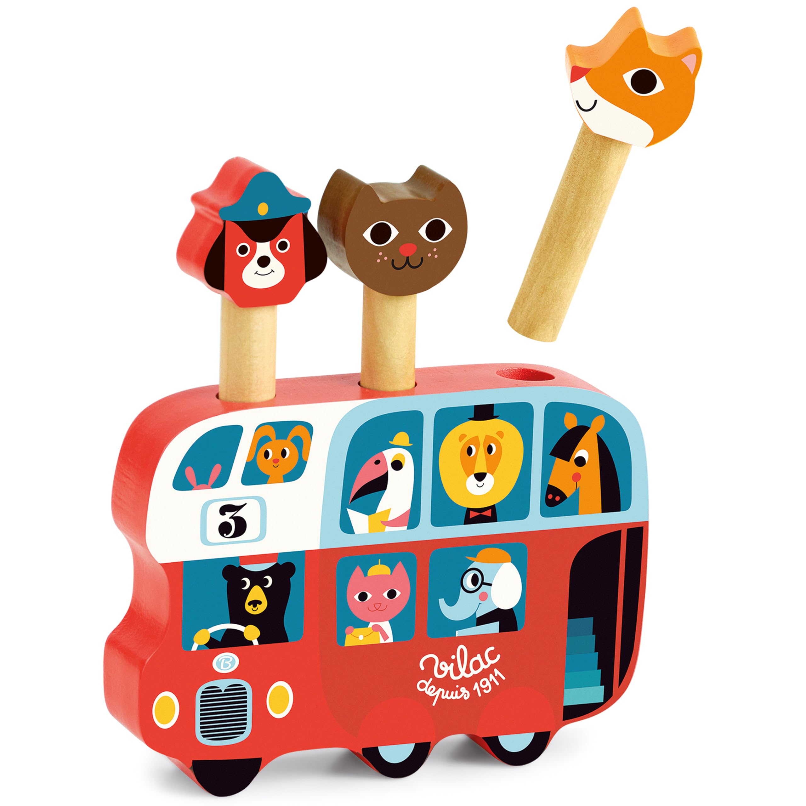 Vilac Pop-Up Bus Wooden Toy, Development Toy for Toddlers, Includes 3 Pop Up Animal Characters and Bus, 18 Months+