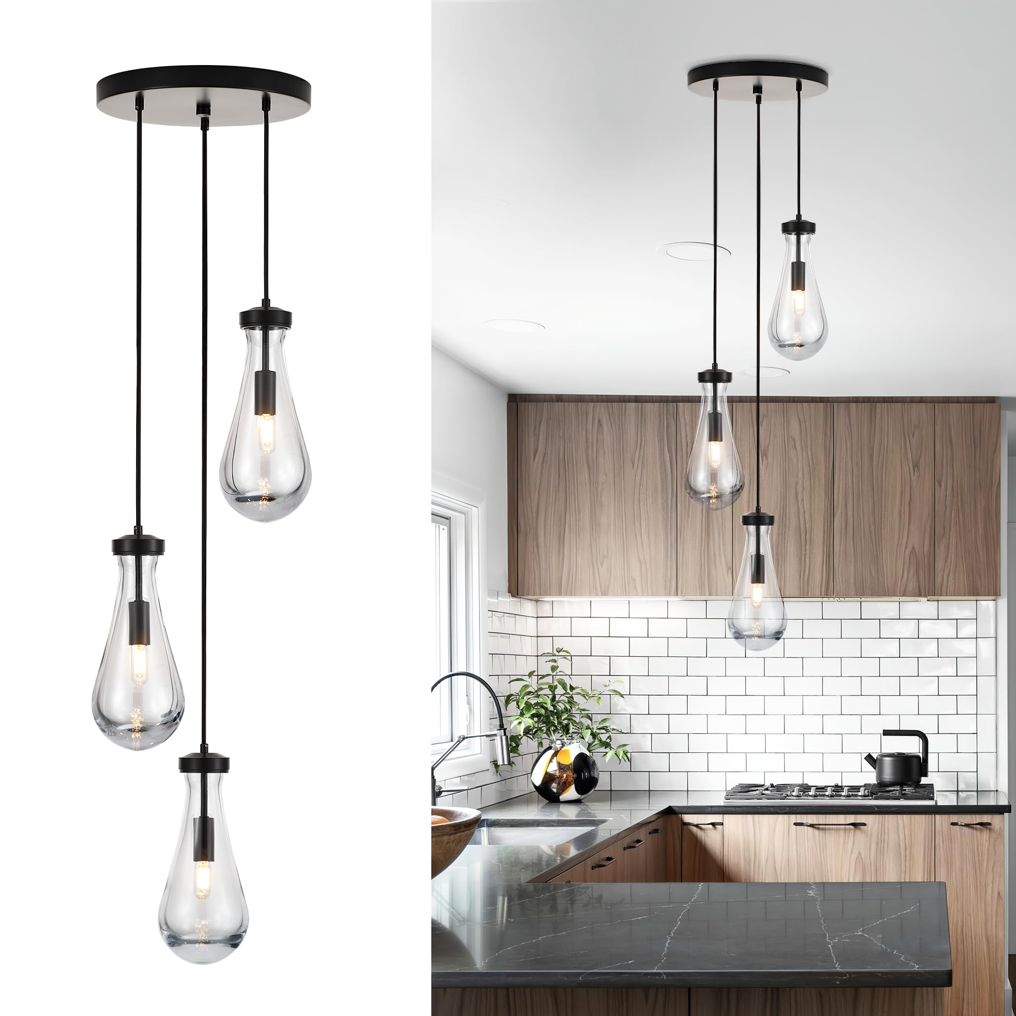 Photo 1 of TACDANDM 3-Light Raindrop Pendant Light Fixtures, Black Glass Pendant Lighting, Teardrops Modern Hanging Light for Entryway Foyer Kitchen Island Dining Living Room Hallway
