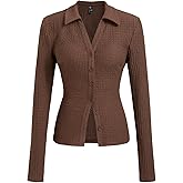 CIDER Women's Long Sleeve Tie Back Button Down Blouse Slim Fit V Neck Textured Top Casual Fall Outfit