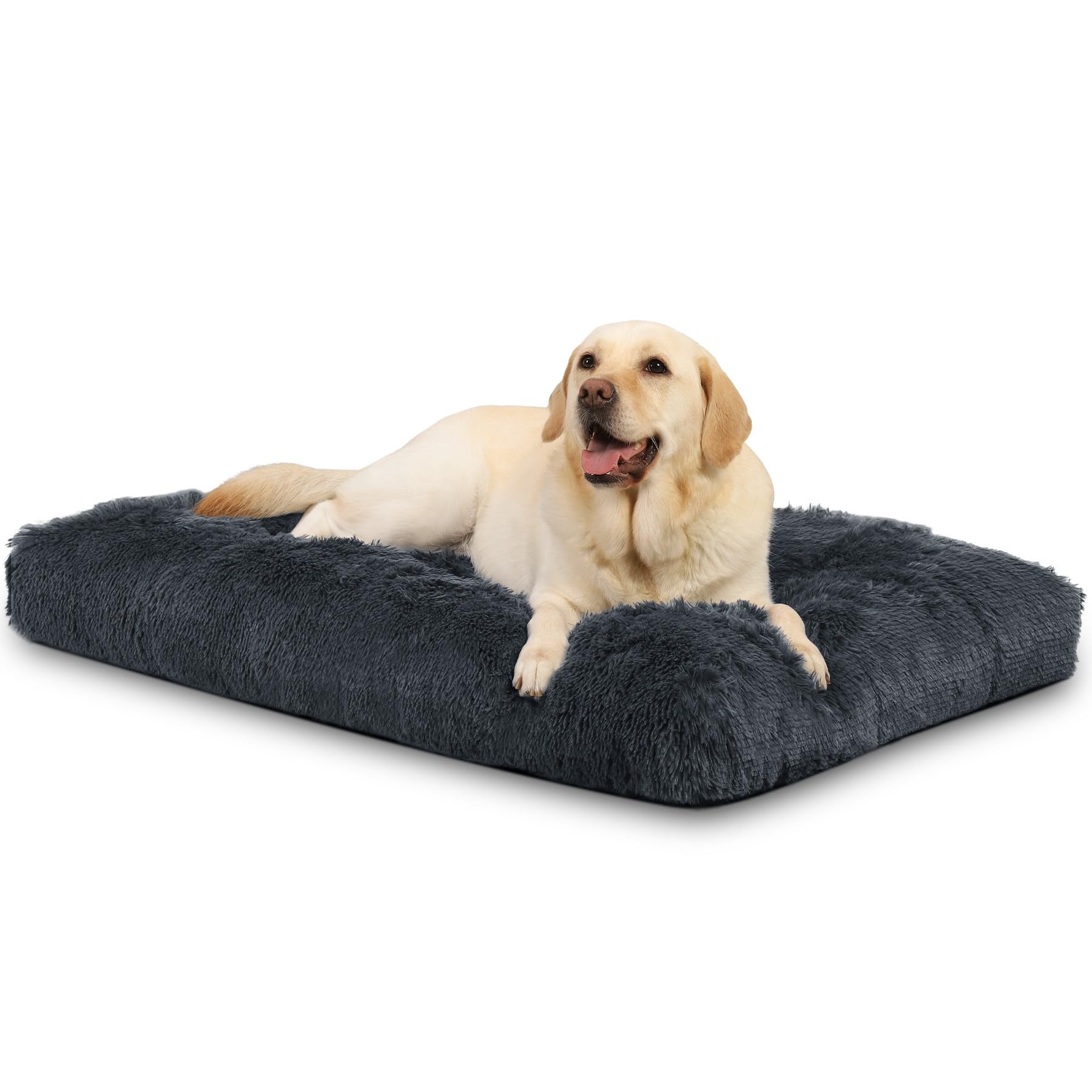 KSIIA Calming Dog Crate Bed Large, Fluffy Washable Mattress, Long Plush Anti Anxiety Mat, Non Skid Bottom Dog Pillow Cushion, Pet Beds Shadow Grey 90x60cm