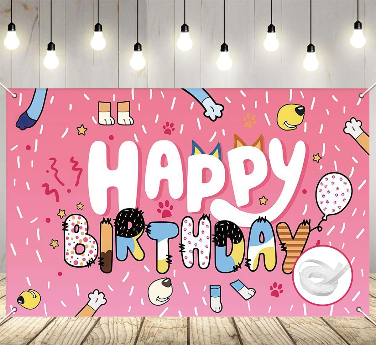 Photo 1 of BOBORAT 7x5ft Blue Dog Birthday Backdrop with 32ft Ribbon, Birthday Party Decoration Background, Pink Cute Cartoon Theme Photo Banner for Girl, Woman, Kid, Adult