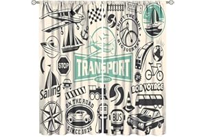 ZHIRAIN Retro Curtains Garage Symbol Car Transportation Vehicle Icon Set,Design Elements of Car Logo, Emblems, Signs Blackout Rod Pocket Curtains for Bedroom Living Room Window Drapes 42x45 Inch