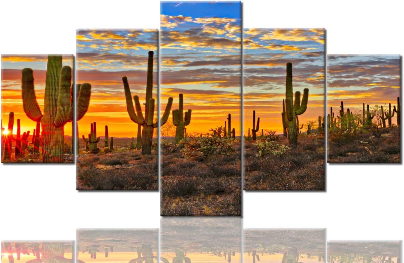 TUMOVOLandscape Pictures Arizona Desert Paintings for Living Room Saguaro Cacti Mountains,Phoenix Wall Art 5 Panel Canvas Modern Artwork Home Decor Wooden Framed Stretched Ready to Hang(60''Wx32''H)