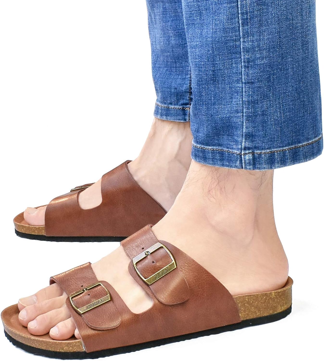  | ONCAI Men's-Slide-Sandals-Beach-Slippers-Arizona Slippers Shoes Indoor and Outdoor Anti-skidding Flat Cork Sandals and Beach Slippers with Two Adjustable Straps | Sandals