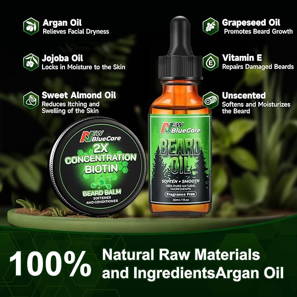 NEWBLUECARE BEARD OIL AND BEARD BALM FOR MEN – BEARD GROWTH KIT FOR BEARD SOFTEN AND MOISTURE – NATURAL & ORGANIC JOJOBA, ARGAN, SHEA BUTTER – BEARD CARE KIT FOR DAD, HUSBAND, BOYFRIEND, GREEN