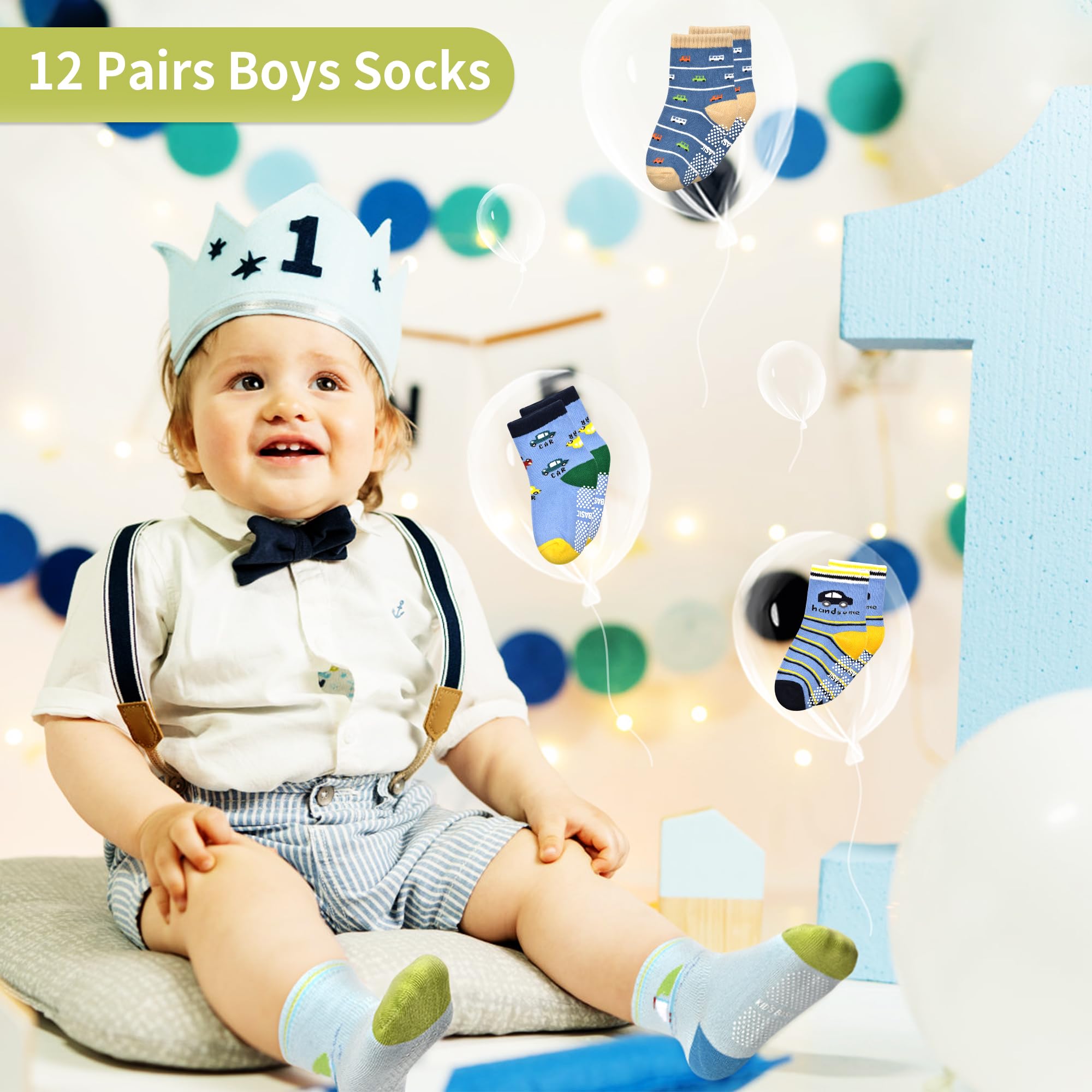 Tphon Non Slip Kids Toddler Socks with Grippers Baby 12 Pairs Anti Skid Socks for Boys Girls 0-7 Year Children