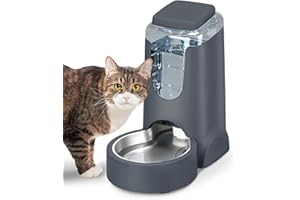 HWONMTE Automatic Cat Feeder Water Dispenser with Stainless Steel Bowl Dog Gravity Food Waterer for Small Medium Pets 1 Pack (Dark Grey)