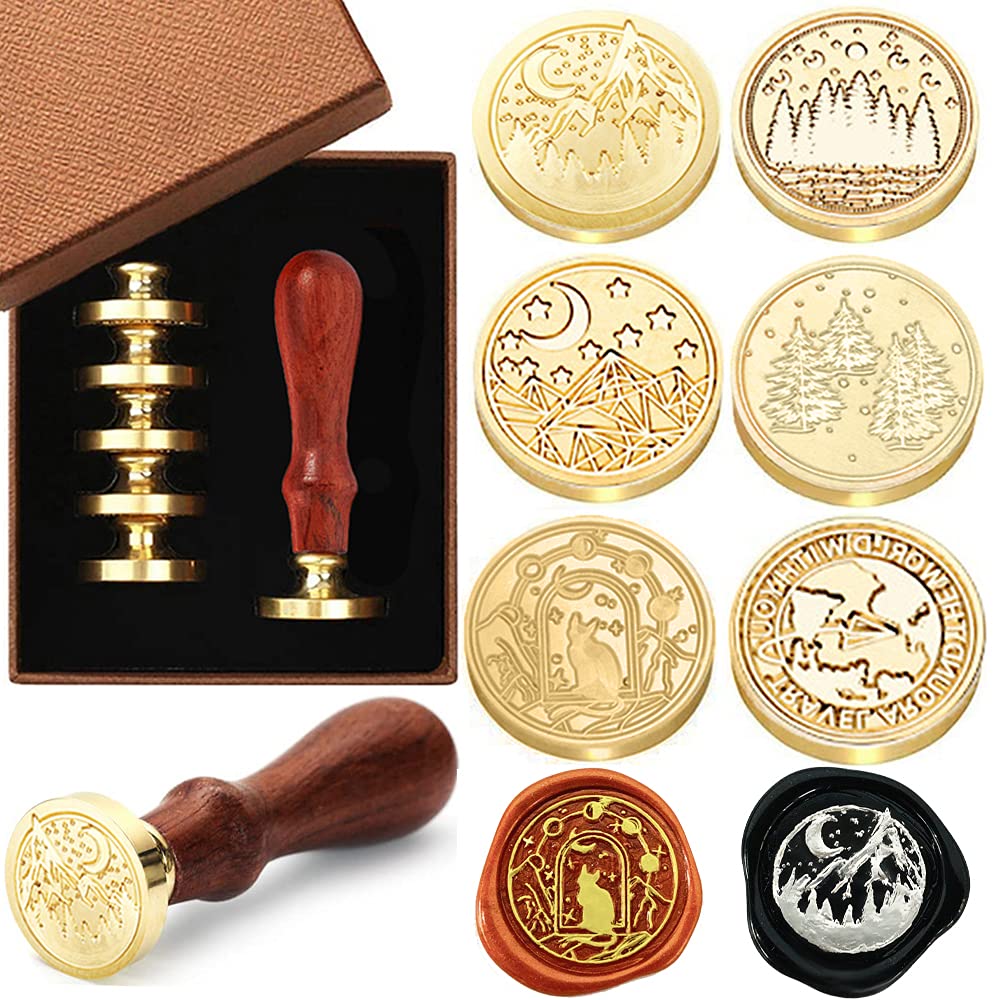 Wax Seal Stamp Set, 6-Piece Copper Seals With Wooden Handle, Kit for Cards, Envelopes, Invitations, Wine Packages (World)